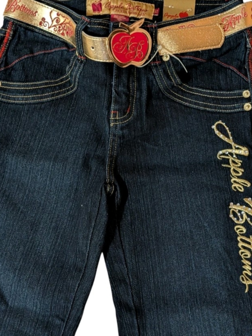 Vintage Apple Bottoms Girls Jeans–Size 12– NWT– Dark Wash w/ Signature Gold Belt